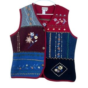 Coldwater Creek Womens Plus Sz 1X Floral Patch 100% Wool Sweater Vest Red